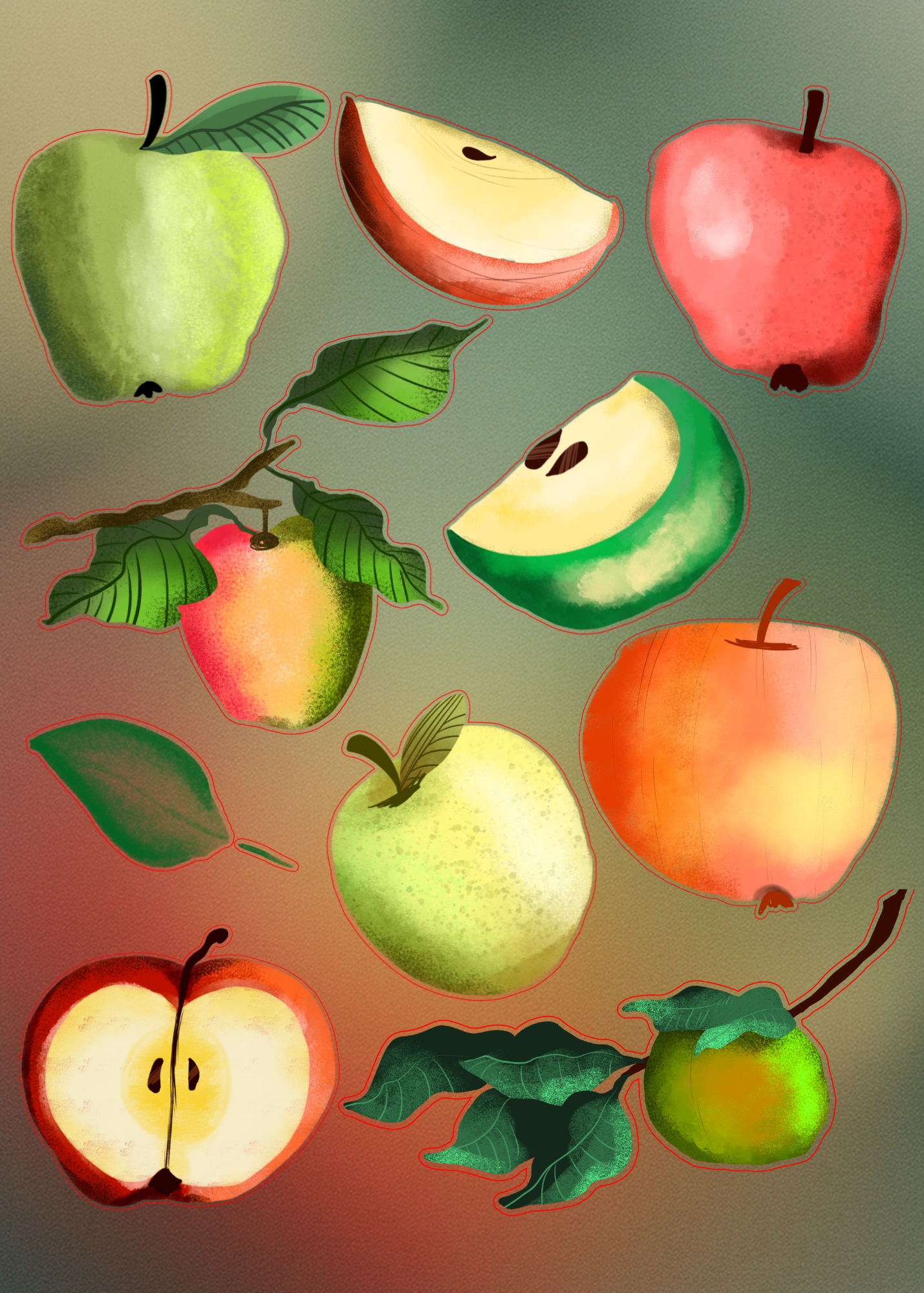 Cartoon Apple Portrait - 5 Sizes Bundle for Home Decor, Kid's Room & Print on Demand