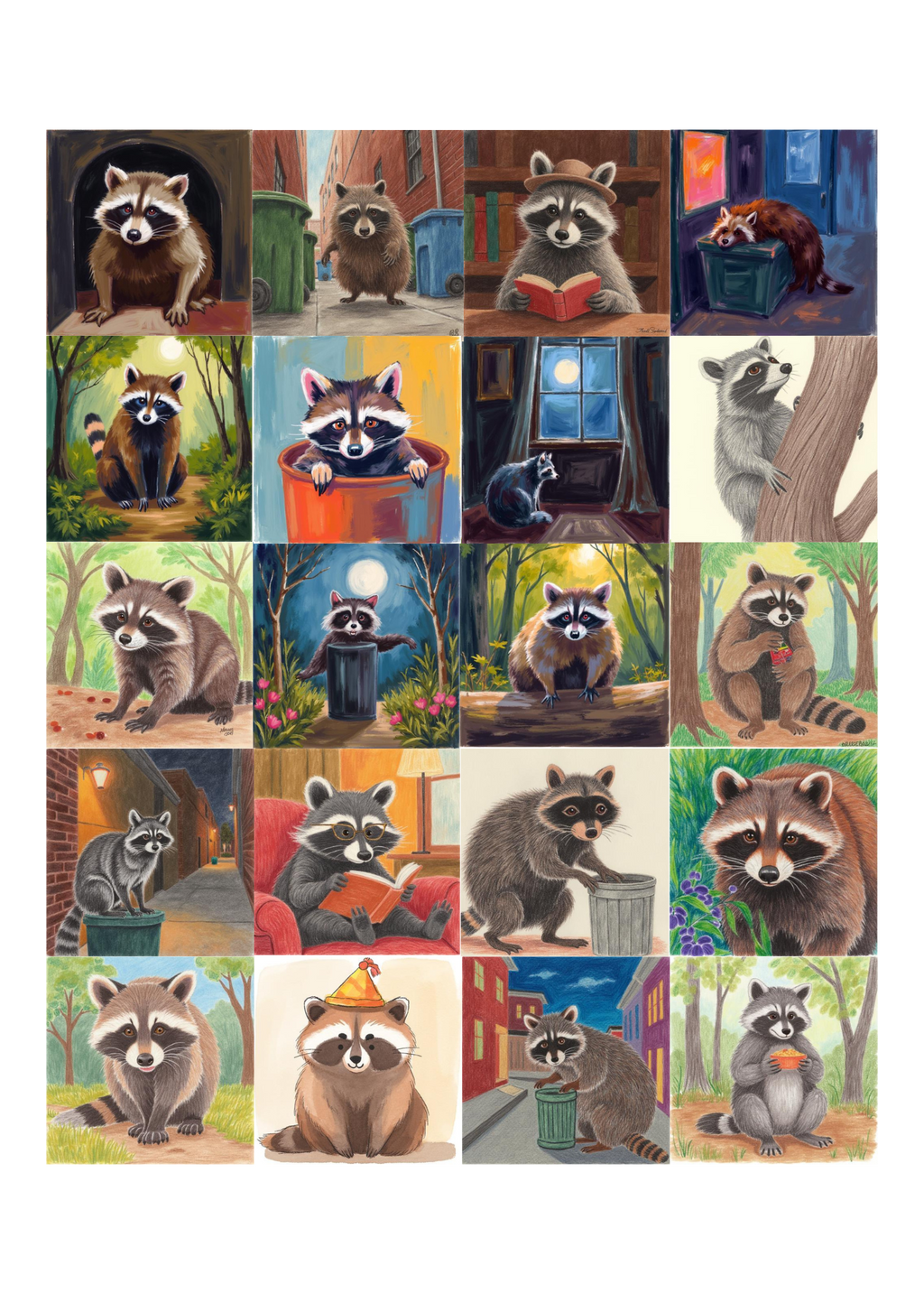 11 Raccoon Animation Wall Art Bundle - Kids Room & Home Decor Digital Prints - Suitable for Print on Demand