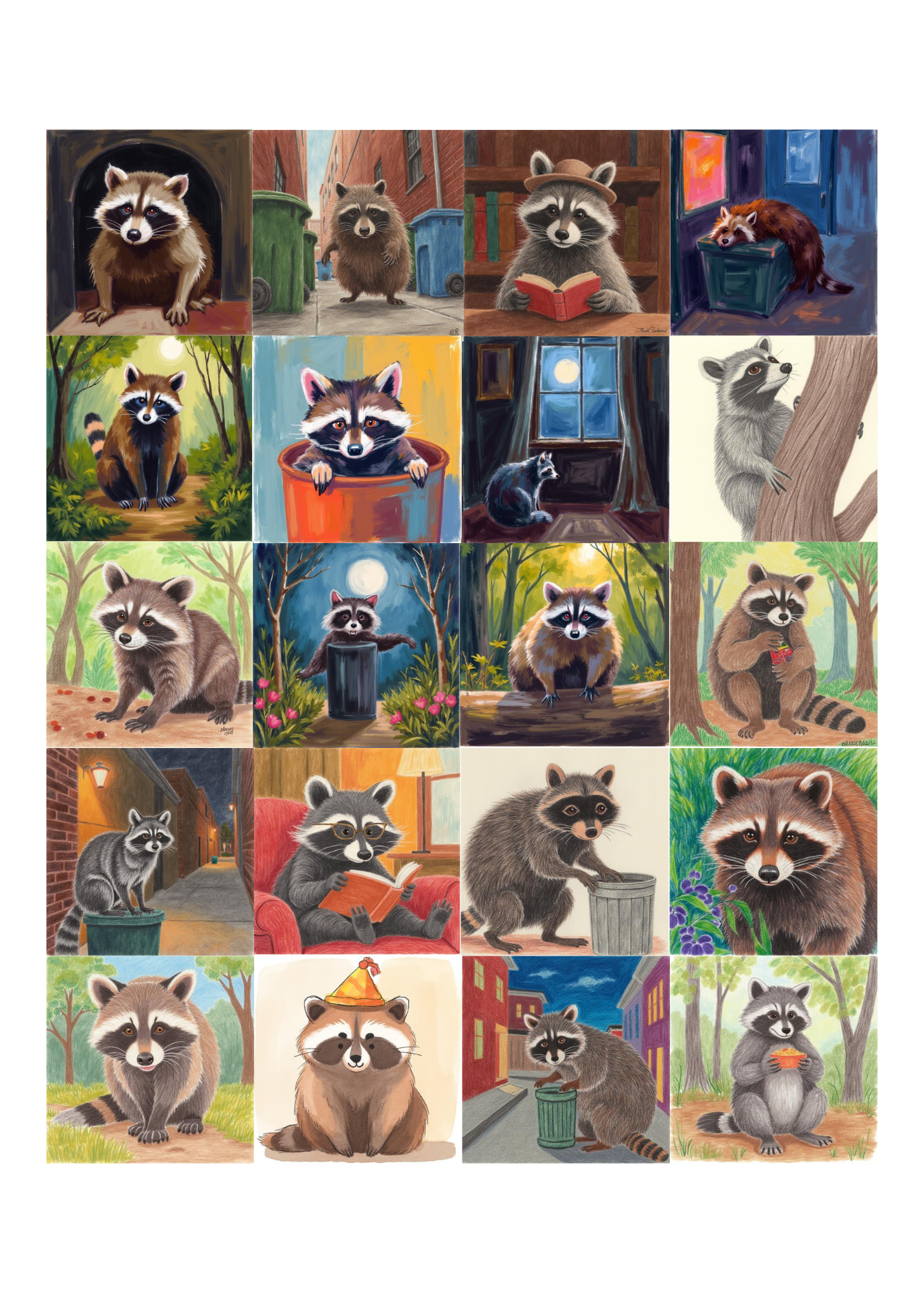 11 Raccoon Animation Wall Art Bundle - Kids Room & Home Decor Digital Prints - Suitable for Print on Demand