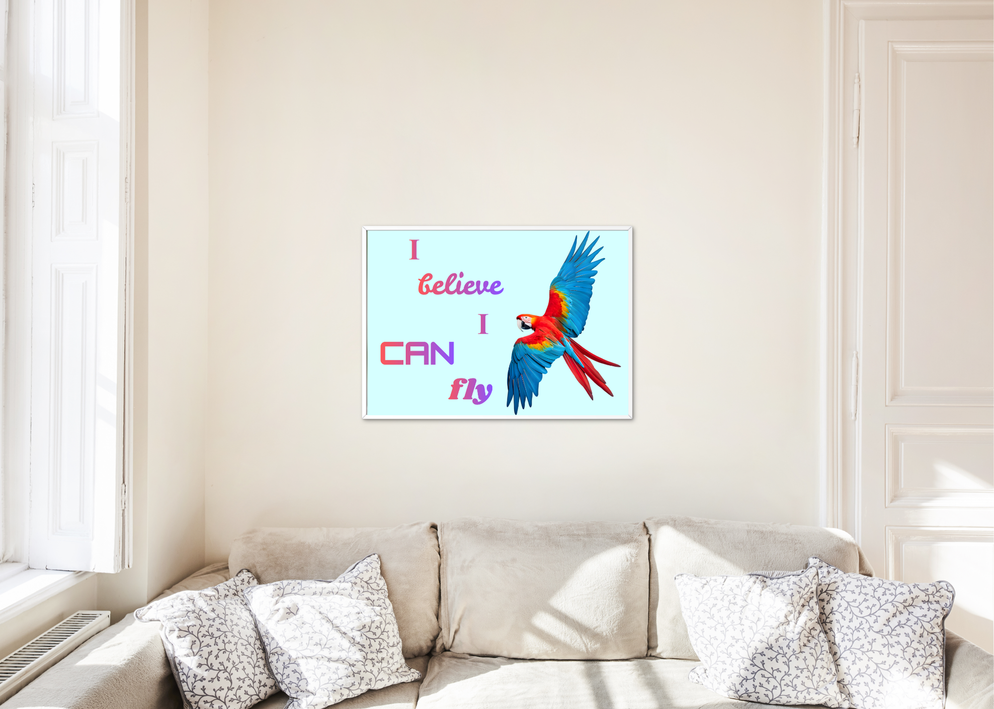I Believe I Can Fly Parrot Portrait - Digital Wall Art for Kids Room, home Decor & Print on Demand
