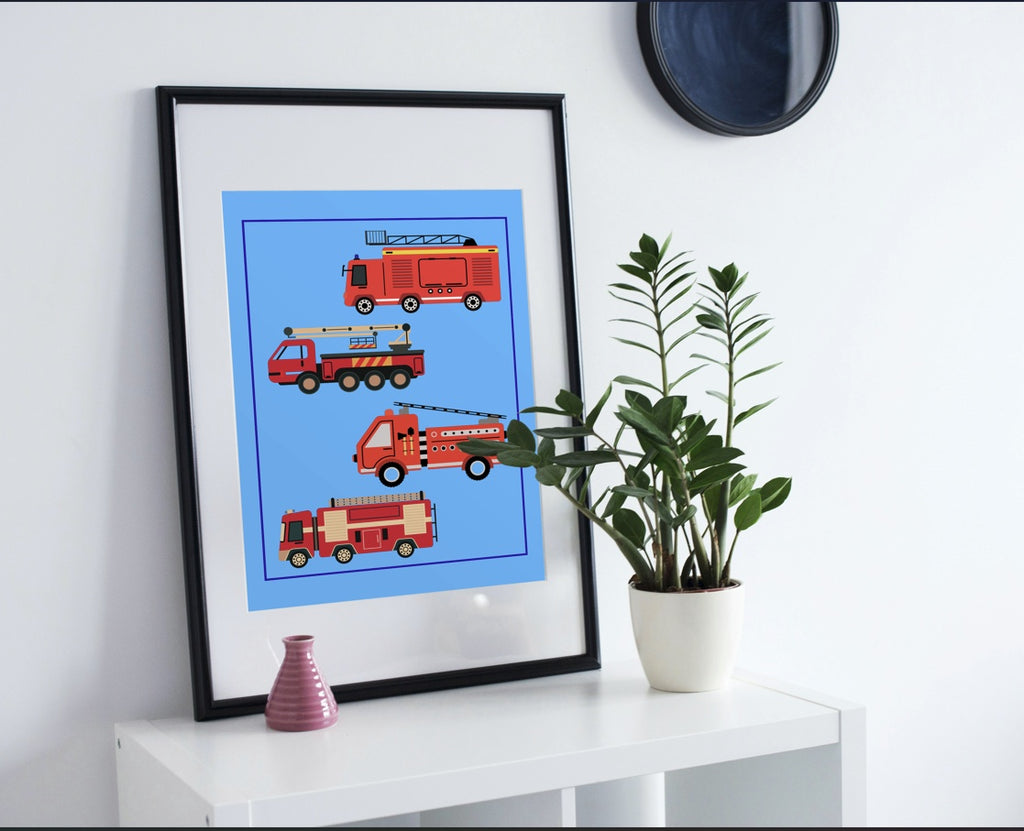 Fire Truck Cartoon Art - Digital Download for Kids' Room Decor & Print on Demand