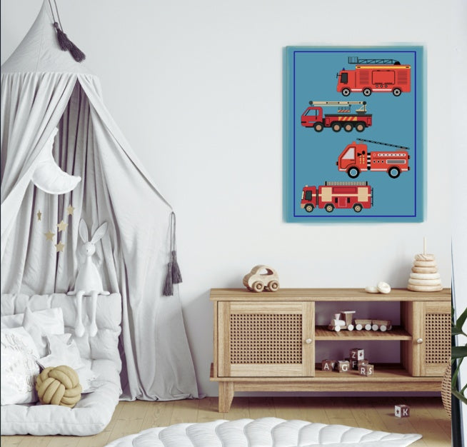 Fire Truck Cartoon Art - Digital Download for Kids' Room Decor & Print on Demand