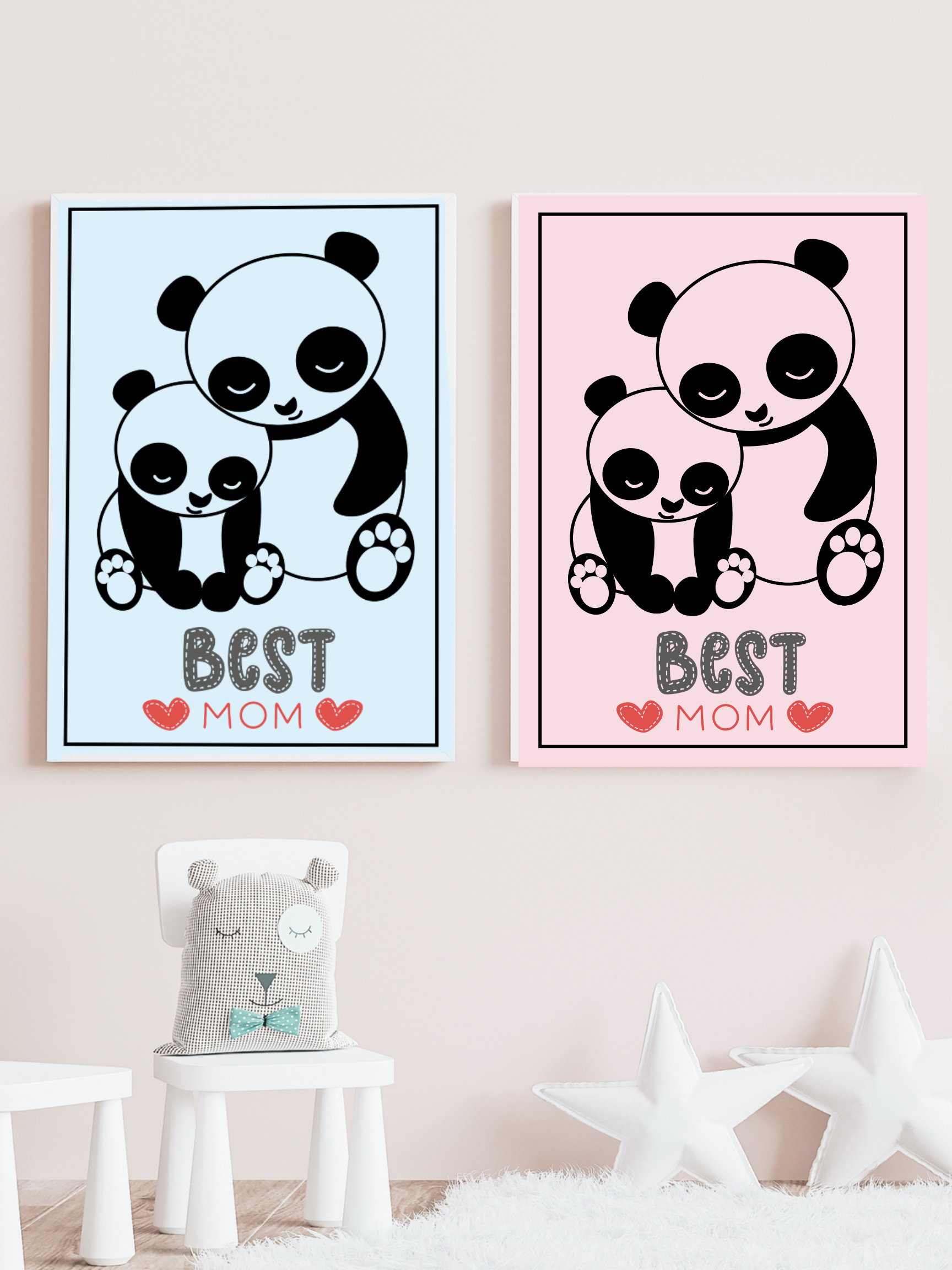 2 Cartoon Panda Wall Art - Blue & Pink Backgrounds for Babies & Kids' Room & Print on Demand