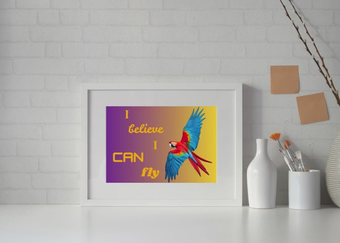 I Believe I Can Fly Parrot Portrait - Digital Wall Art for Kids Room, home Decor & Print on Demand