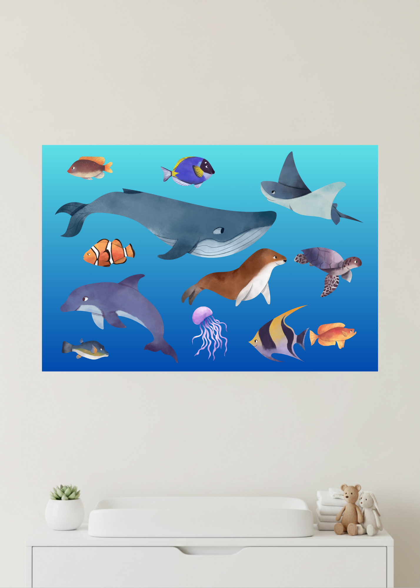 3 Sea Creatures Wall Art - Kids Room & Nursery - Print on Demand - Instant Download