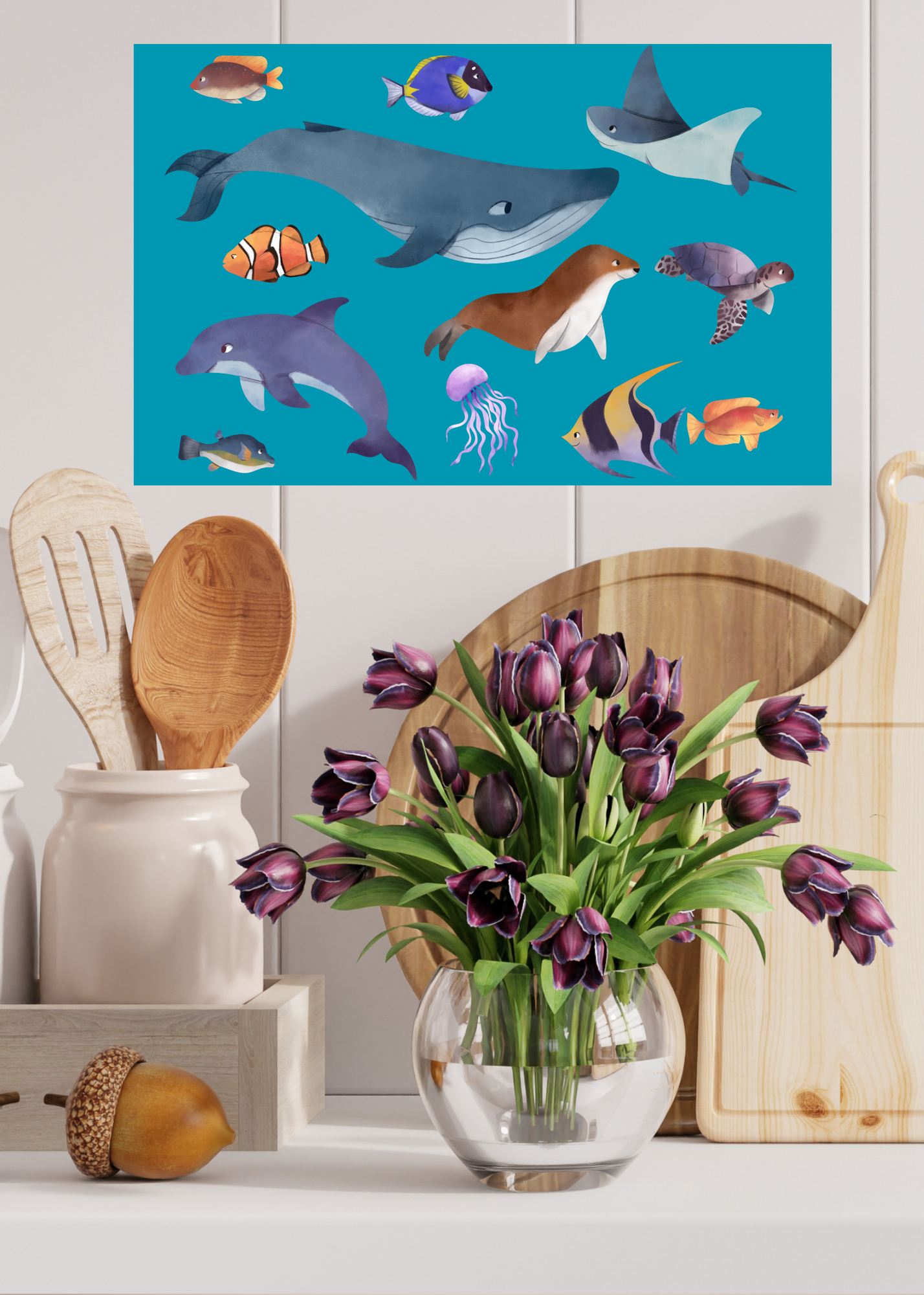 3 Sea Creatures Wall Art - Kids Room & Nursery - Print on Demand - Instant Download
