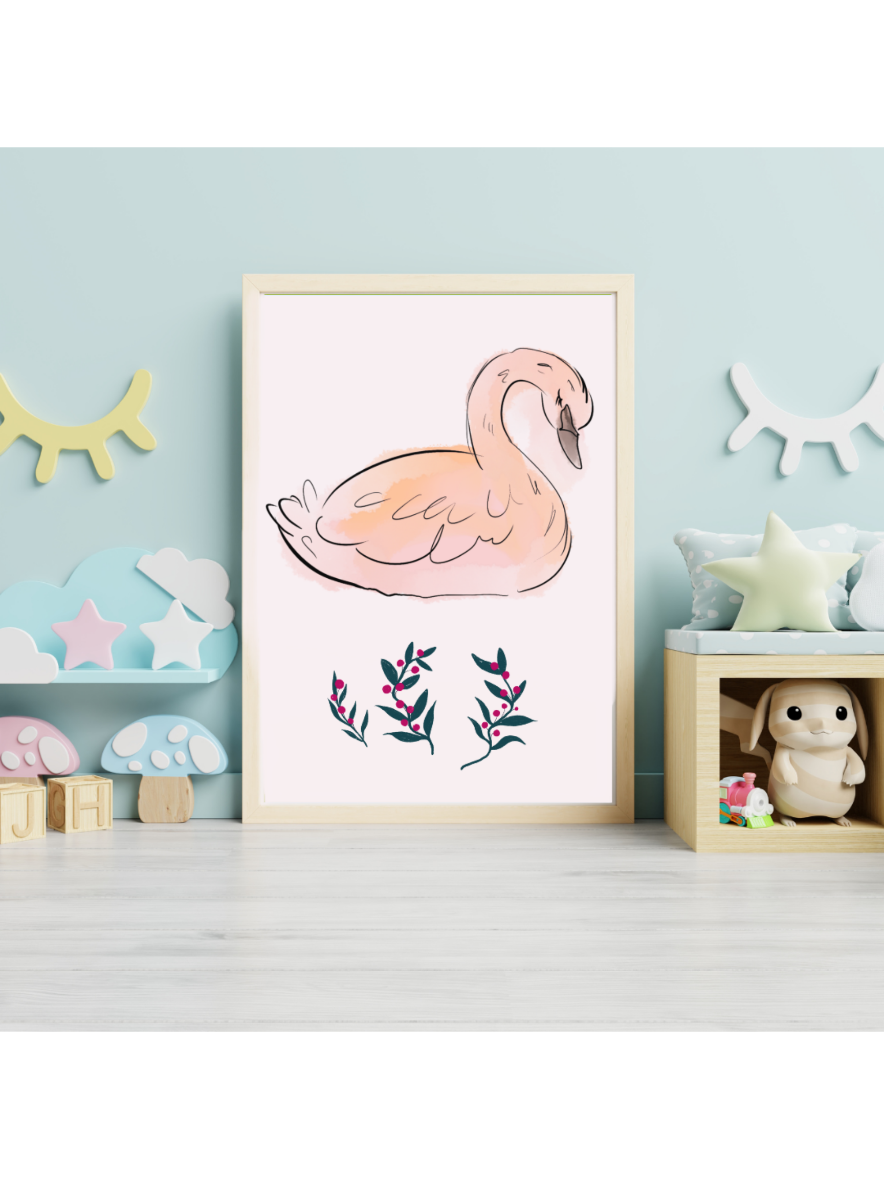 Watercolor Swan Portrait - Printable Nursery Wall Art for Kids Room & Print on Demand