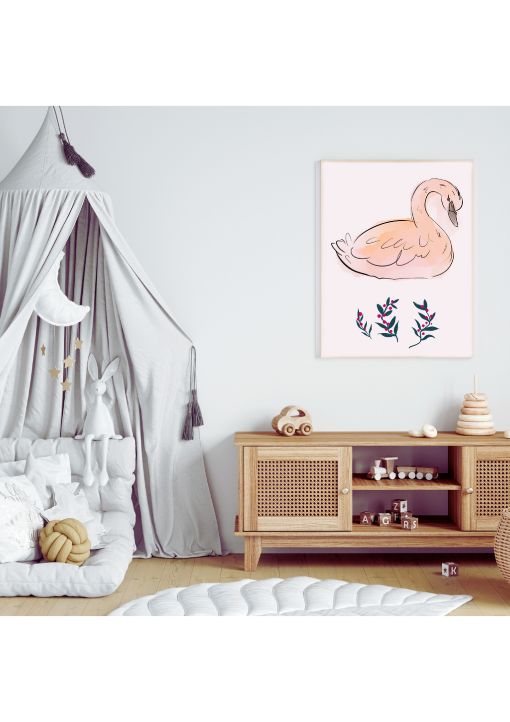 Watercolor Swan Portrait - Printable Nursery Wall Art for Kids Room & Print on Demand