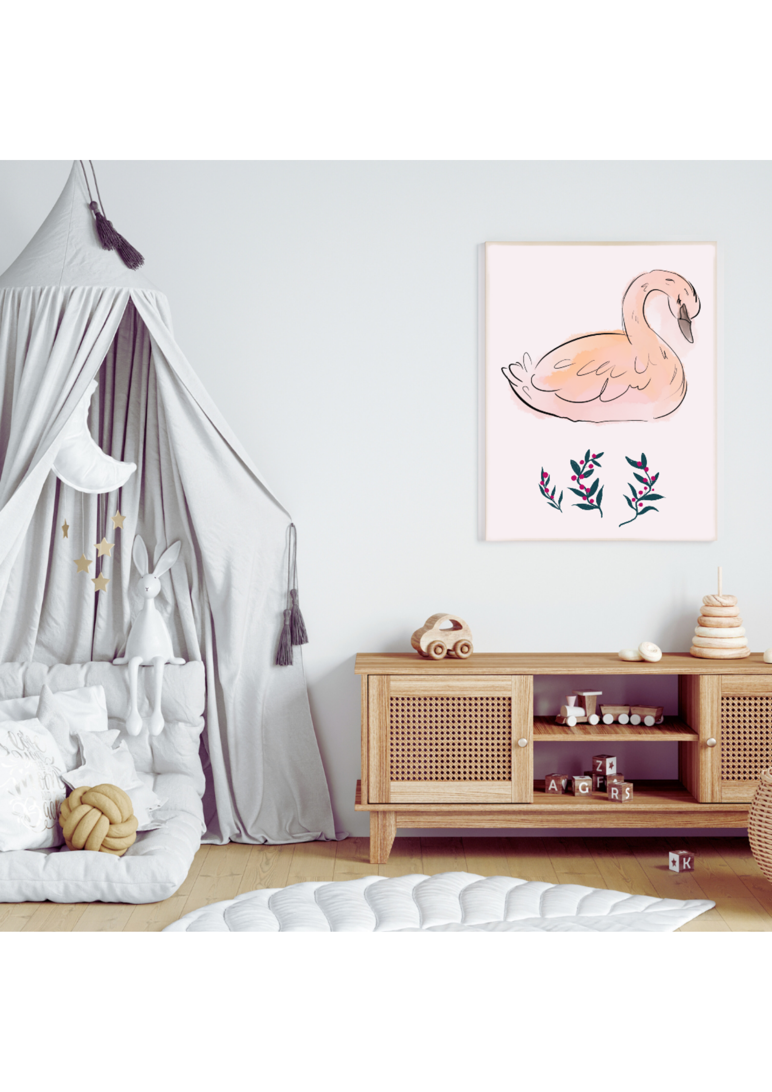 Watercolor Swan Portrait - Printable Nursery Wall Art for Kids Room & Print on Demand