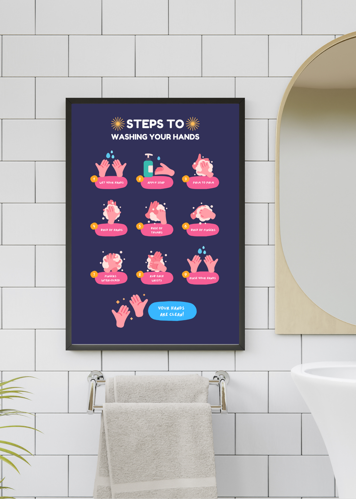 19 Wash Your Hands Wall Art Bundle - 5 Sizes for Bathroom, Kids Room & Print on Demand