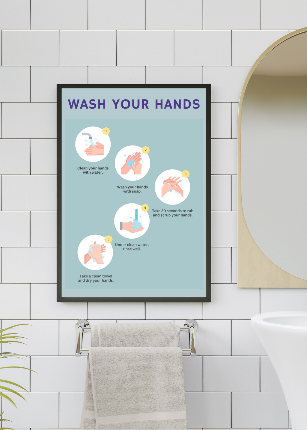 19 Wash Your Hands Wall Art Bundle - 5 Sizes for Bathroom, Kids Room & Print on Demand
